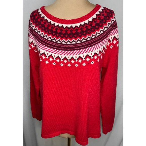 Lands End Womens Fair Isle Knit Sweater Red Nordic Pattern L 14-16 - Picture 1 of 9